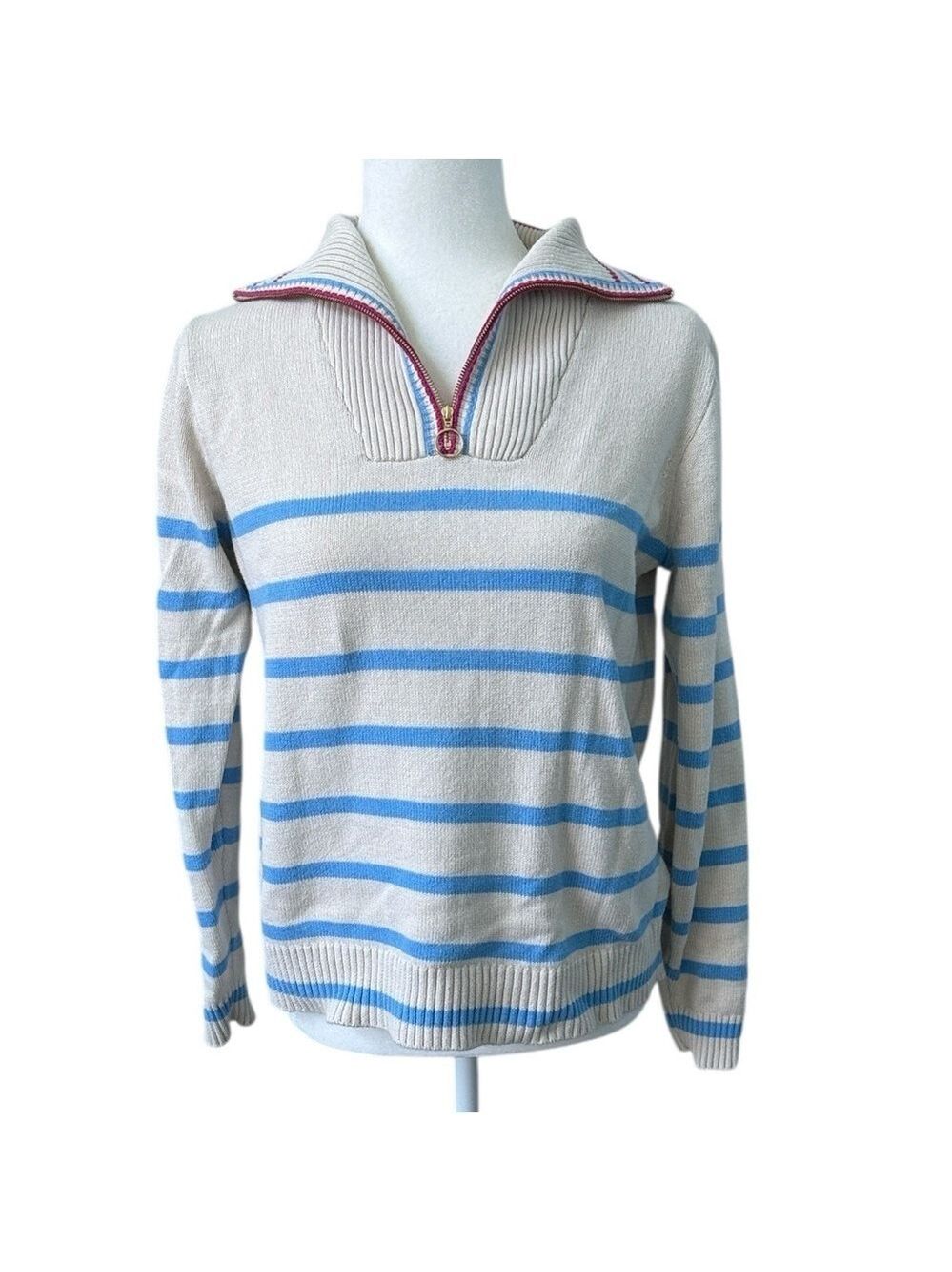 J. Crew Factory Blue Striped Half Zip Pullover Sweater Size Small Oversized